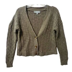 Marled  Woman's Textured Knit Button Front Cardigan Sweater Olive Green Small